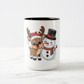 Cute Holiday Reindeer & Snowman Tweekleurige Koffiemok (Center)