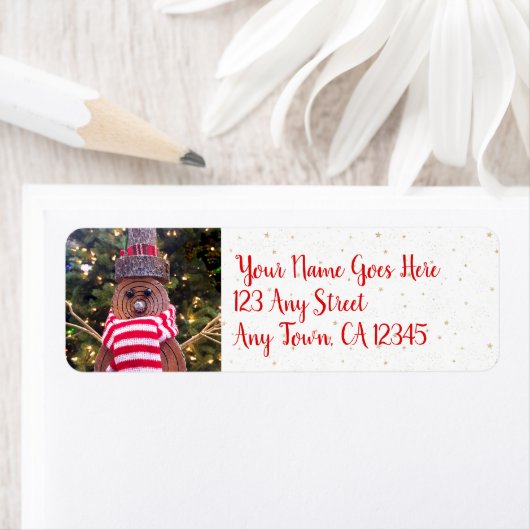 Cute Holiday Rustic Log Snowman Custom Name Script Etiket (Insitu)