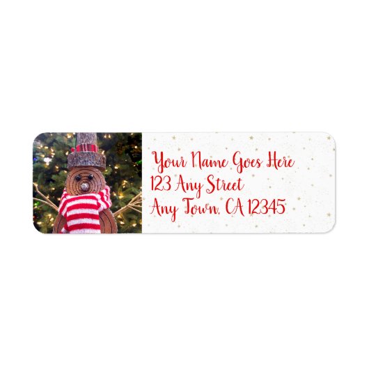Cute Holiday Rustic Log Snowman Custom Name Script Etiket (Voorkant)