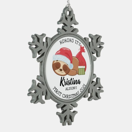 Cute Holiday Sloth Baby's Eerste Kerstmis Tin Sneeuwvlok Ornament (Links)