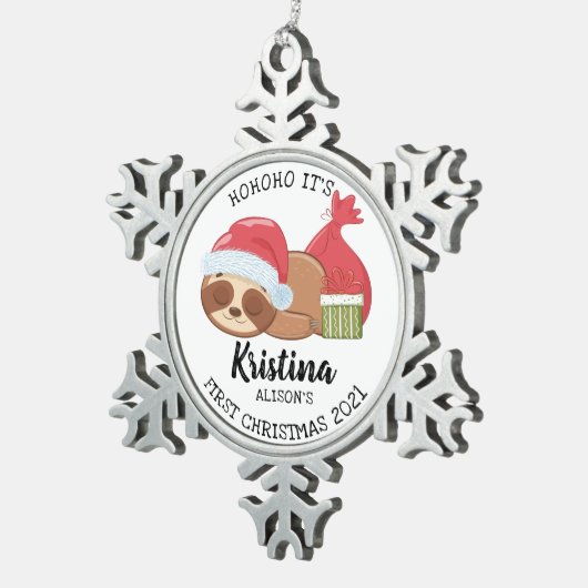 Cute Holiday Sloth Baby's Eerste Kerstmis Tin Sneeuwvlok Ornament (Rechts)