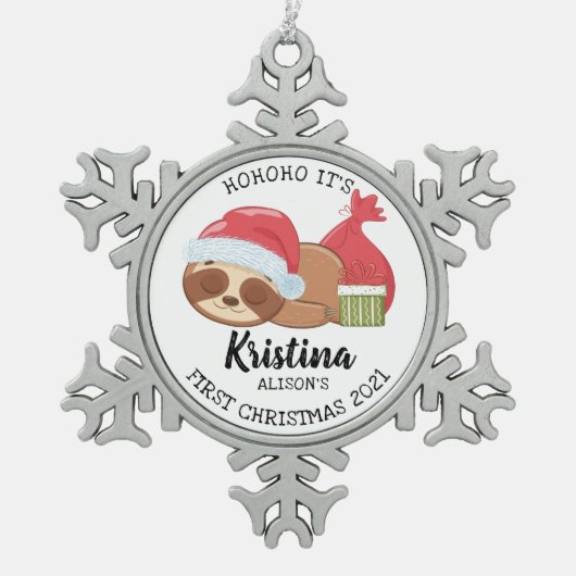 Cute Holiday Sloth Baby's Eerste Kerstmis Tin Sneeuwvlok Ornament (Voorkant)