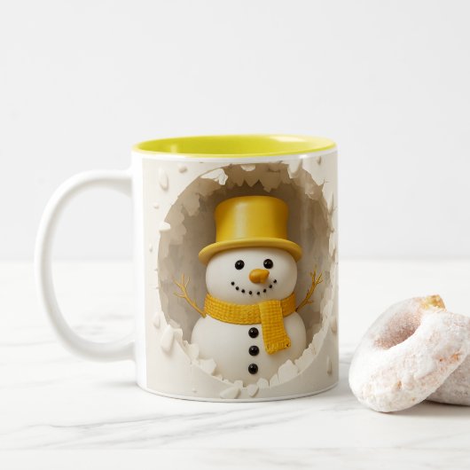 Cute Holiday Snowman Art, Festive Winter  Tweekleurige Koffiemok (Met donut)