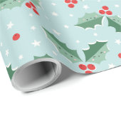 Cute Holly Berries Christmas light blue Cadeaupapier (Rol Hoek)
