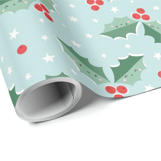 Cute Holly Berries Christmas light blue Cadeaupapier (Rol Hoek)