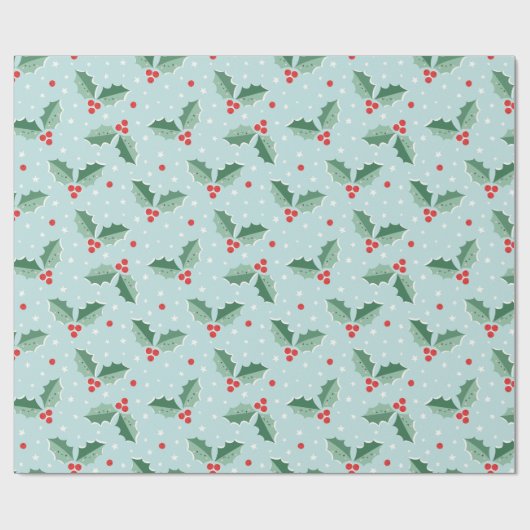 Cute Holly Berries Christmas light blue Cadeaupapier (Vlak)