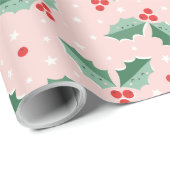 Cute Holly Berries Christmas pink Cadeaupapier (Rol Hoek)