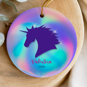 Cute Holografische Whimsical Eenhoorn Aandenken Keramisch Ornament