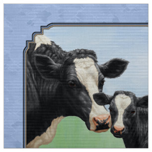Cute Holstein Calf & Koe Sky Blue Stof
