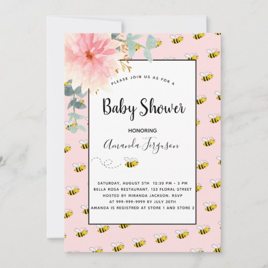 Cute hommble bee roze zonnebloemen baby shower kaart (Voorkant)