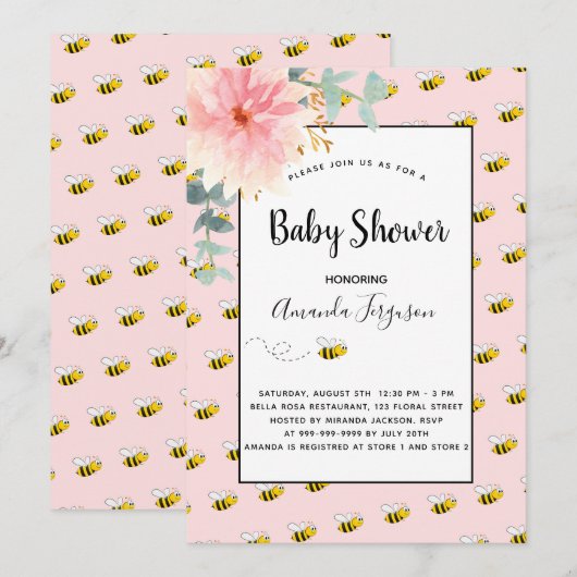 Cute hommble bee roze zonnebloemen baby shower kaart (Voorkant / Achterkant)