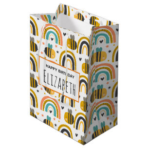Cute Hommels en Regenbogen Patroon Verjaardag Medium Cadeauzakje