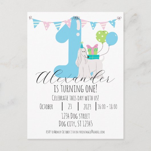 Cute Hond 1e Verjaardag: Woef-tastisch Feest! Briefkaart (Voorkant)