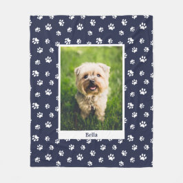 Cute Hond Foto Naam Witte Pootafdrukken Marineblau Fleece Deken