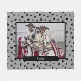 Cute Hond Foto Naam Zwarte Pootafdrukken Zilver Gr Fleece Deken