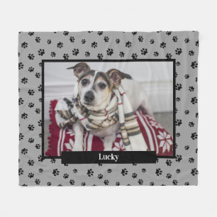 Cute Hond Foto Naam Zwarte Pootafdrukken Zilver Gr Fleece Deken