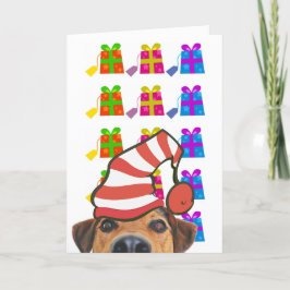 Cute hond met kerstmannenhoed en cadeaus kerstkaar feestdagen kaart