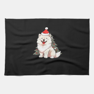 Cute hond met kerstmuts en kerstboom T-Shirt Theedoek