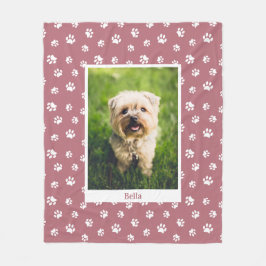 Cute Hondenfoto Naam Witte Pootafdrukken Roze Goud Fleece Deken