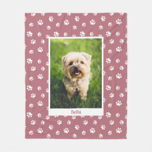 Cute Hondenfoto Naam Witte Pootafdrukken Roze Goud Fleece Deken