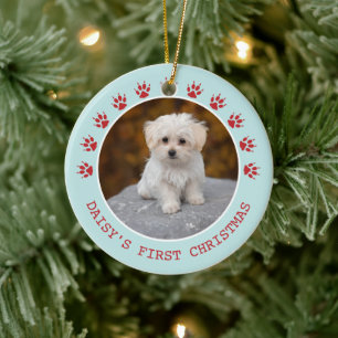 Cute Hondenpootafdrukken Fotolijst Kerstmis Keramisch Ornament