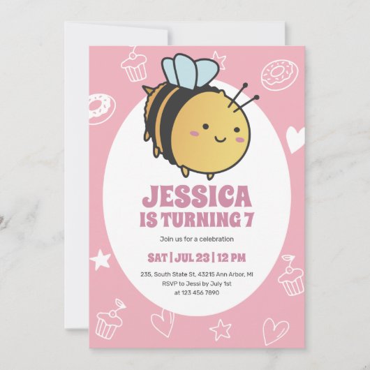 Cute Honey Bee Bumblebee Kids Birthday Invitation Kaart (Voorkant)