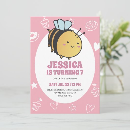 Cute Honey Bee Bumblebee Kids Birthday Invitation Kaart (Staand voorkant)