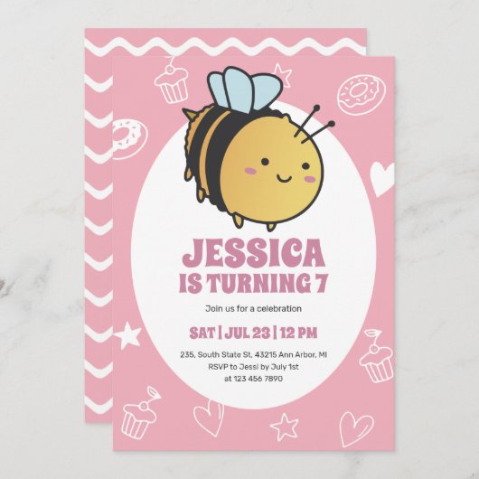 Cute Honey Bee Bumblebee Kids Birthday Invitation Kaart (Voorkant / Achterkant)