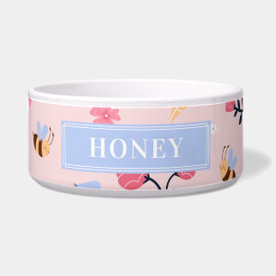 Cute Honey Bee Floral Pink Monogram Pet Name Bowl Voerbakje