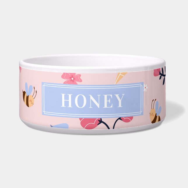 Cute Honey Bee Floral Pink Monogram Pet Name Bowl Voerbakje (Voorkant)