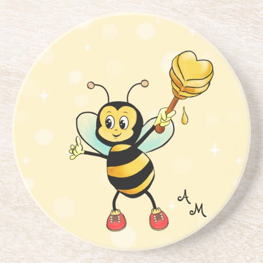 Cute Honey Bee & Monogram on Light Yellow Zandsteen Onderzetter (Voorkant)