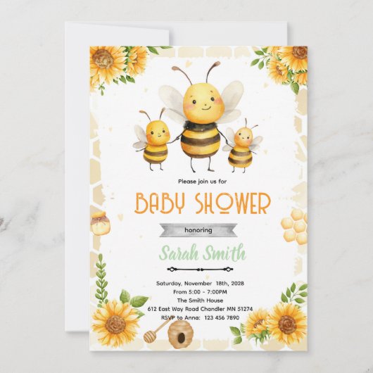 Cute honey bee party theme invitation kaart (Voorkant)