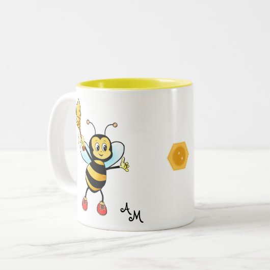 Cute Honey Bee with Heart & Monogram Tweekleurige Koffiemok (Voorkant links)