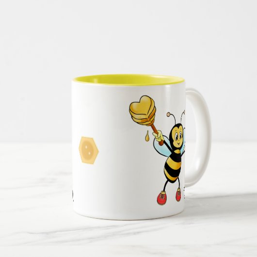 Cute Honey Bee with Heart & Monogram Tweekleurige Koffiemok (Voorkant rechts)