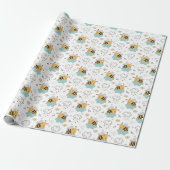 Cute Honey Bee Yellow Blauwgroen Grey Baby shower Cadeaupapier (Uitgerold)