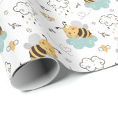 Cute Honey Bee Yellow Blauwgroen Grey Baby shower Cadeaupapier (Rol Hoek)