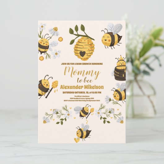 Cute Honey Bee Yellow Floral Greeneral Baby shower Kaart (Staand voorkant)