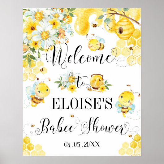 Cute Honey Bees Baby shower Floral Welcome Sign Poster (Voorkant)