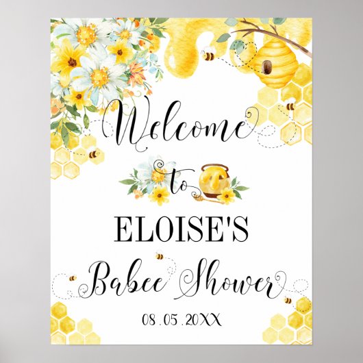 Cute Honey Bees Baby shower Floral Welcome Sign Poster (Voorkant)