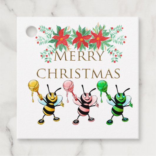 Cute Honey Bees Gold Merry kerst Bedankjes Labels (Voorkant)