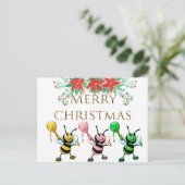 Cute Honey Bees Gold Merry kerst Briefkaart (Staand voorkant)