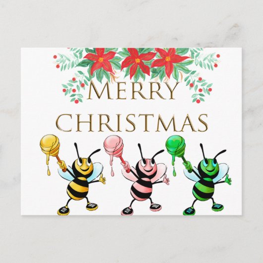 Cute Honey Bees Gold Merry kerst Briefkaart (Voorkant)