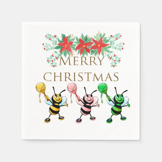 Cute Honey Bees Gold Merry kerst Servet (Voorkant)
