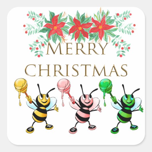 Cute Honey Bees Gold Merry kerst Vierkante Sticker (Voorkant)