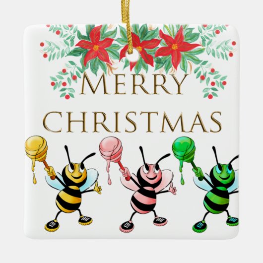 Cute Honey Bees Gold Merry kerstversier Keramisch Ornament (Voorkant)