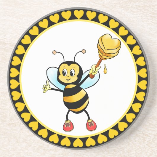 Cute Honey Bumble Bee & Hearts on Black & Yellow Zandsteen Onderzetter (Voorkant)