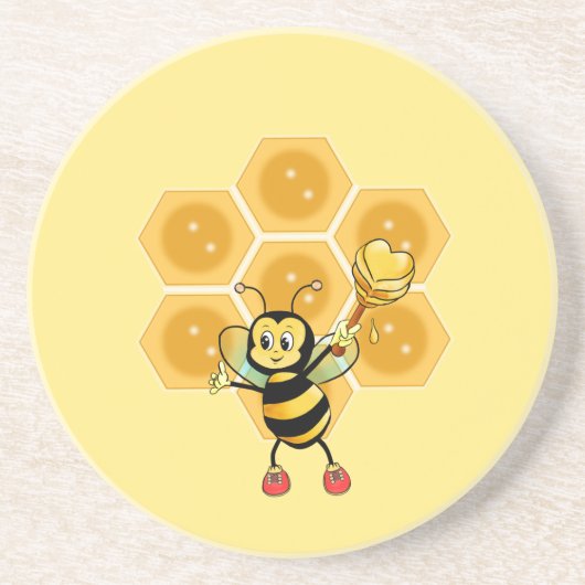 Cute Honey Bumble Bee & Honeycomb on Yellow Zandsteen Onderzetter (Voorkant)