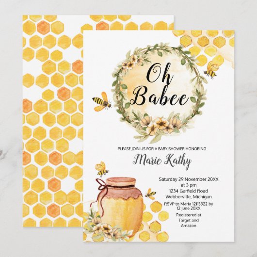 Cute Honey Sweet as Can Bee Baby shower Invitation Kaart (Voorkant / Achterkant)
