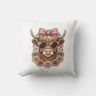 Cute Hoogland Koe Bril Roze Strik Vintage Kunst_ Kussen