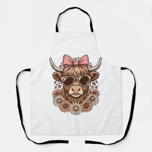 Cute Hoogland Koe Bril Roze Strik Vintage Kunst_ Schort